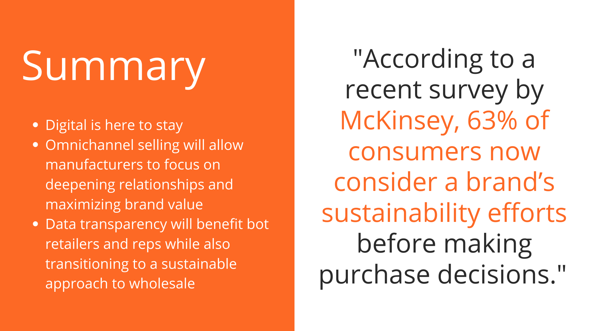 Graphic showcasing consumer preference for sustainable brands - 63% consider sustainability in purchase decisions | McKinsey Survey Insights