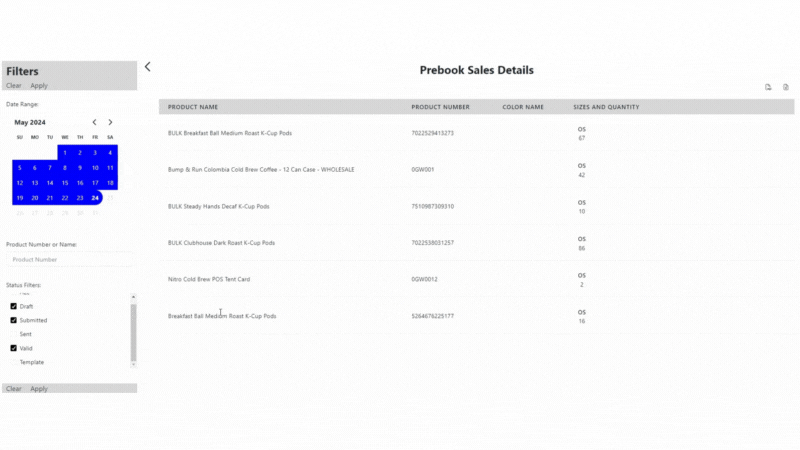 gif of RepSpark's enhanced filters for prebook sales report