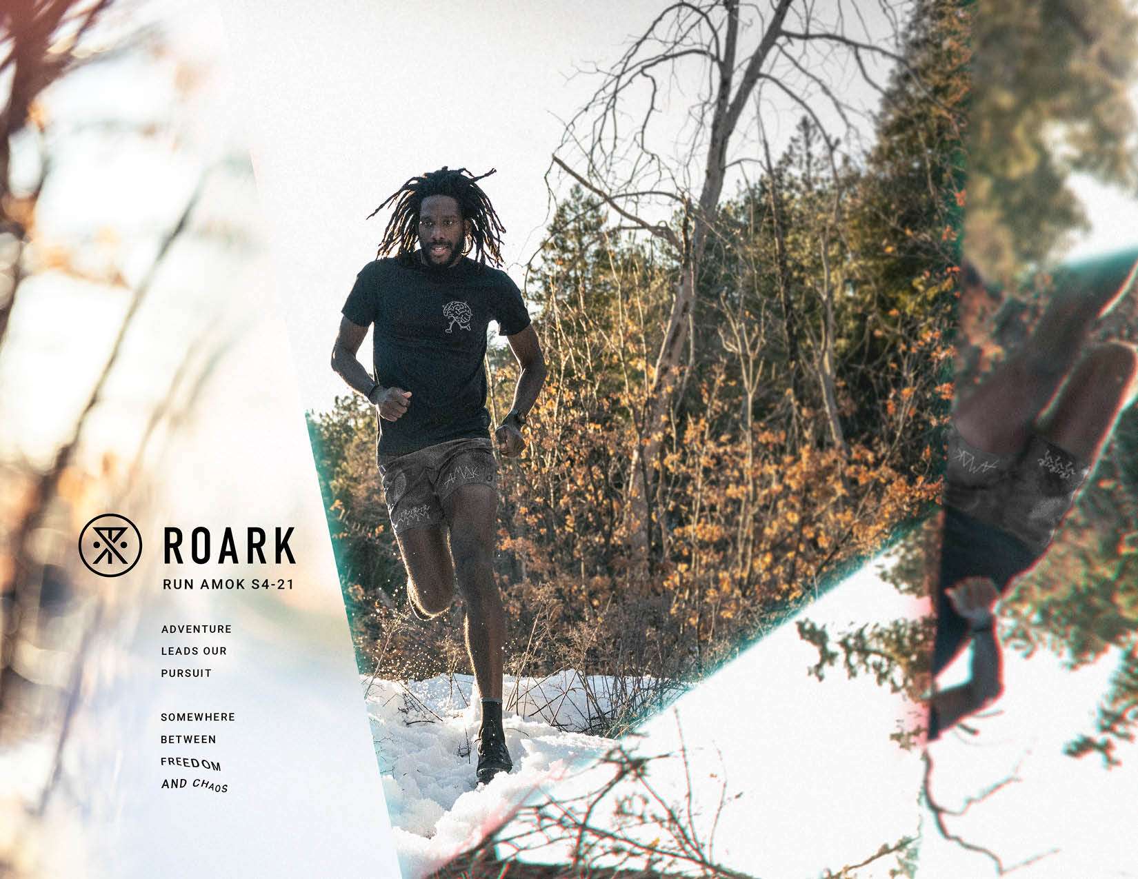 Graphic of a man in shorts running on a snow covered trail with information of Roark on the left side of the image.