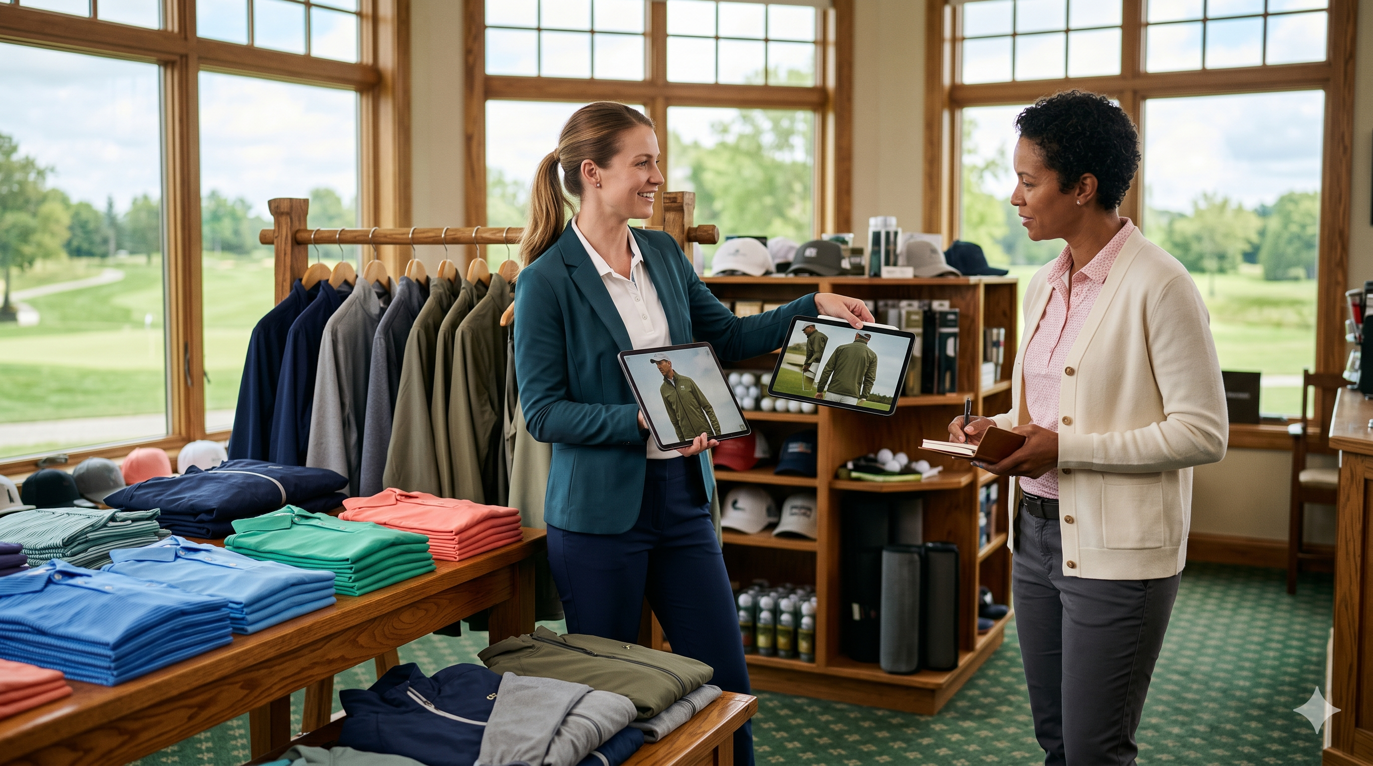 A golf apparel brand sales rep and a pro shop buyer reviewing a curated collection of golf polos and outerwear inside a well-lit green grass pro shop. 