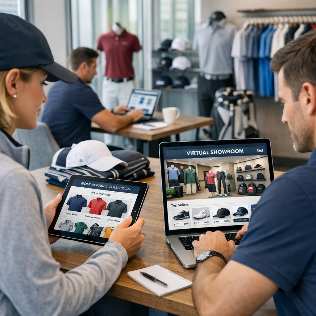 Golf and apparel buyers browsing a digital wholesale catalog and virtual showroom on laptops and tablets